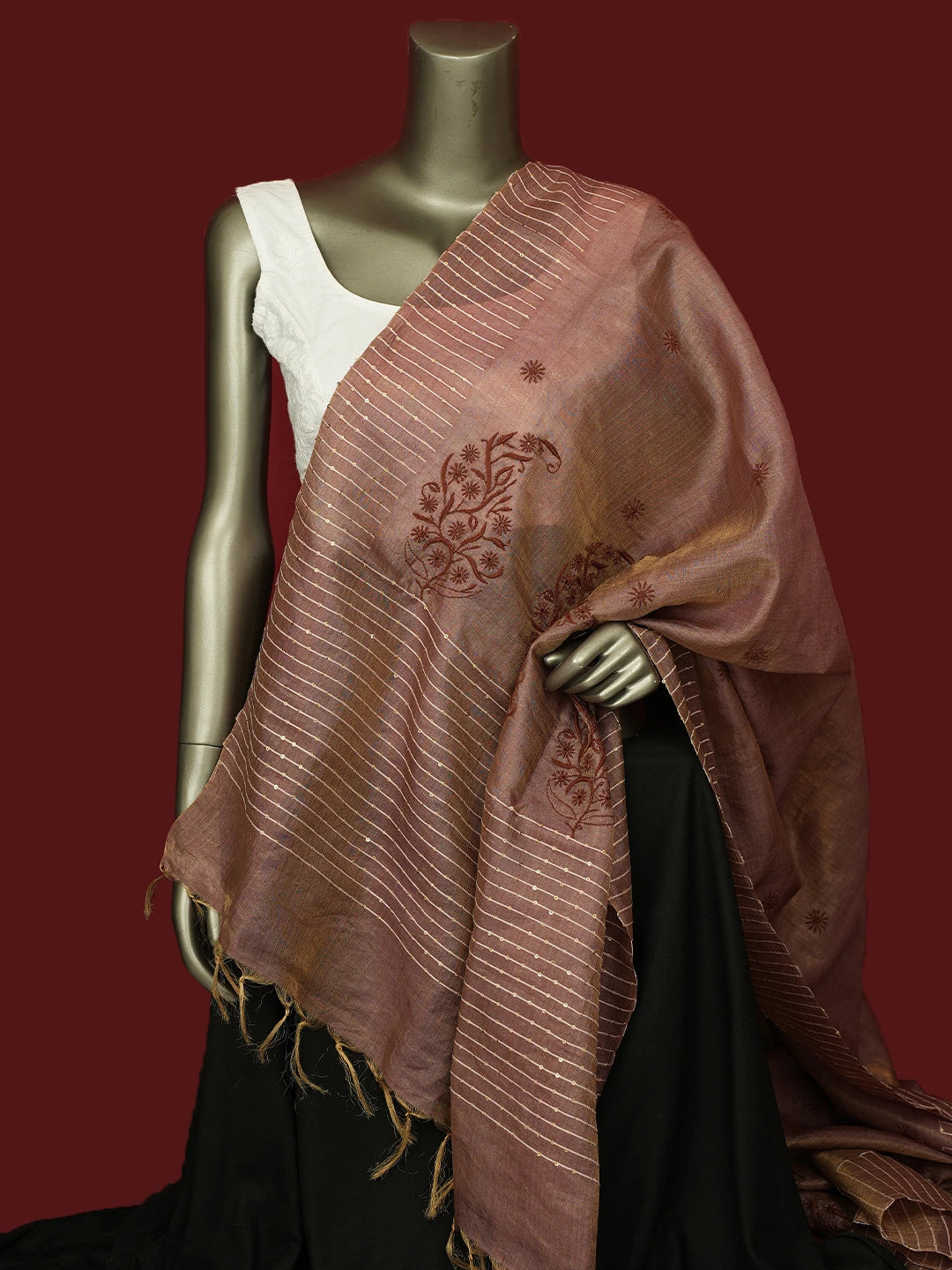 Ada Hand Embroidered Dusty Peach Silk Lucknowi Chikankari Dupatta With Sequins Work 01A694059