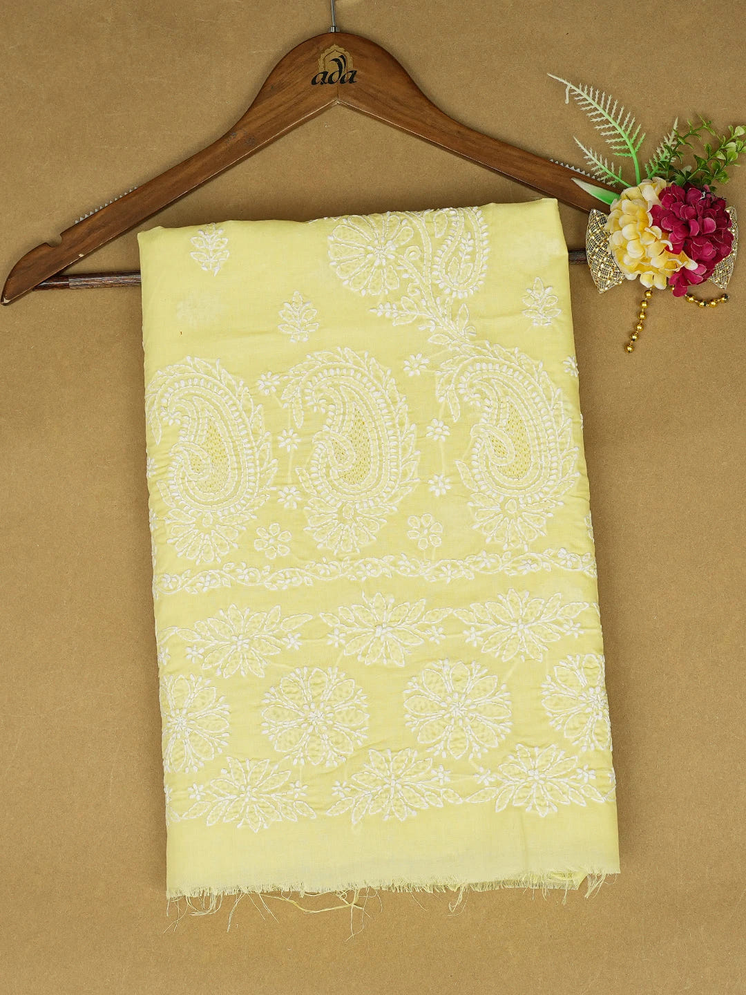 Ada Hand Embroidered Lemon Yellow Cotton Lucknowi Chikankari Unstitched Kurta Piece 01A712135