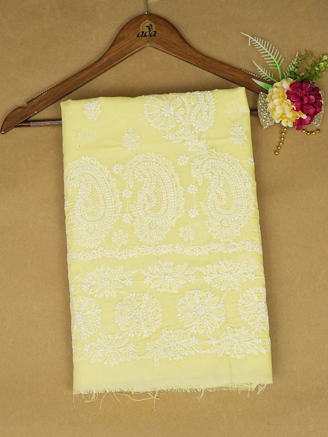 Ada Hand Embroidered Lemon Yellow Cotton Lucknowi Chikankari Unstitched Kurta Piece 01A712135