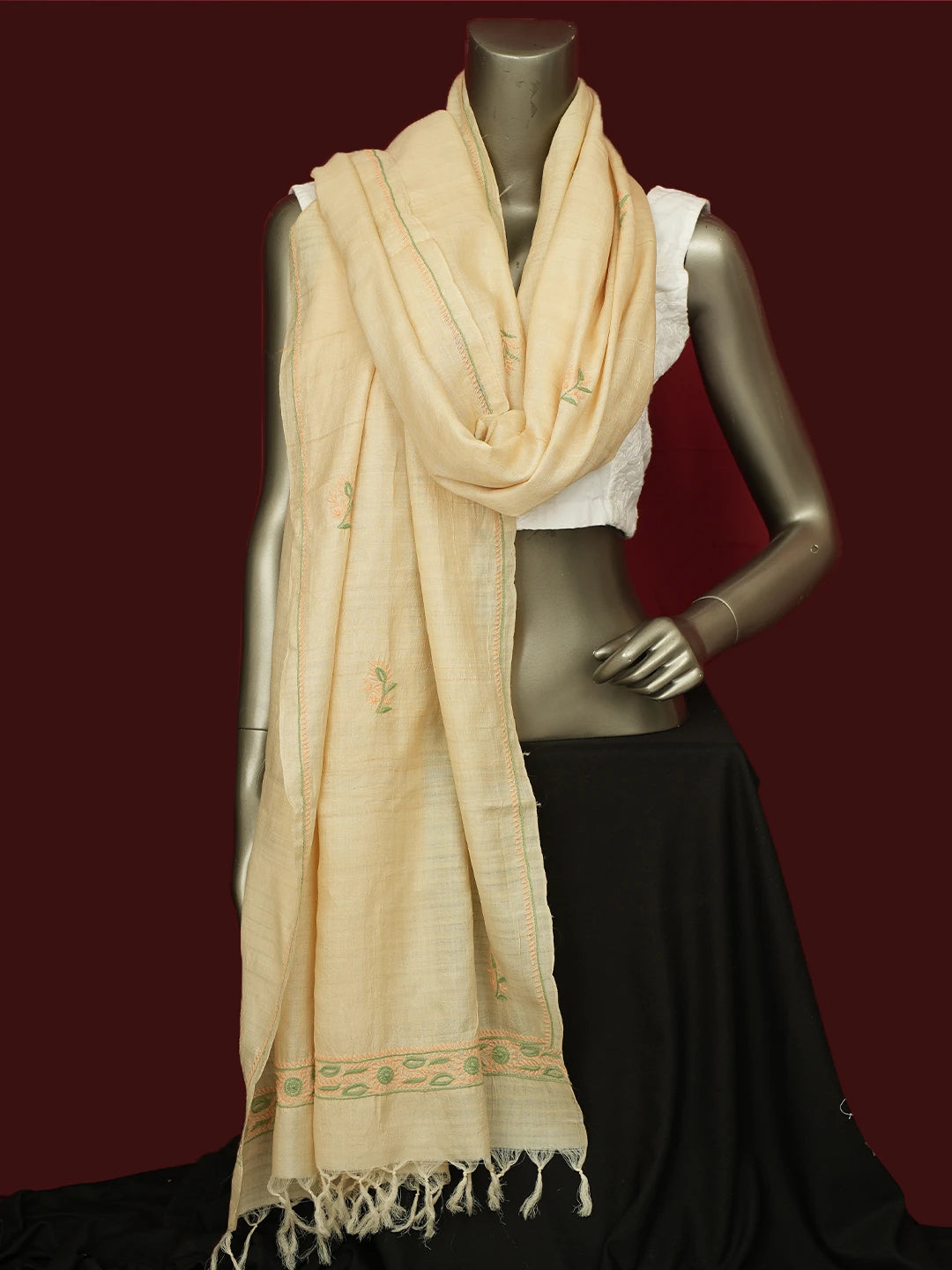 Ada Hand Embroidered Fawn Silk Lucknowi Chikankari Dupatta 01A264738