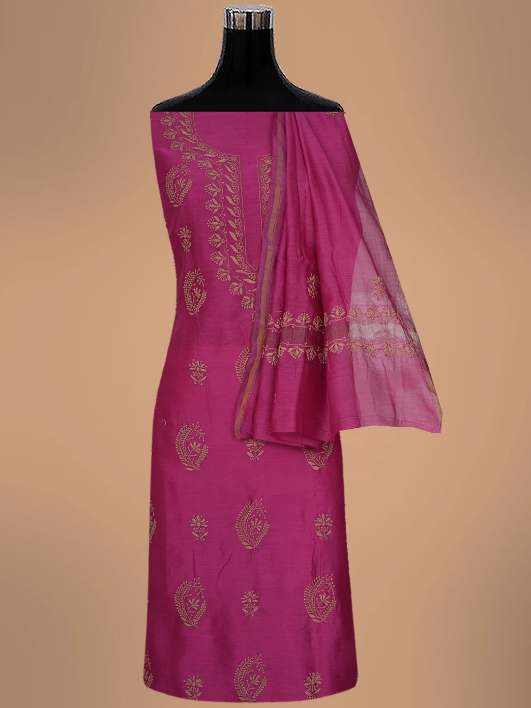 Ada Hand Embroidered Magenta Chanderi Lucknowi Chikankari Unstitched Kurta Dupatta Set 01A702263