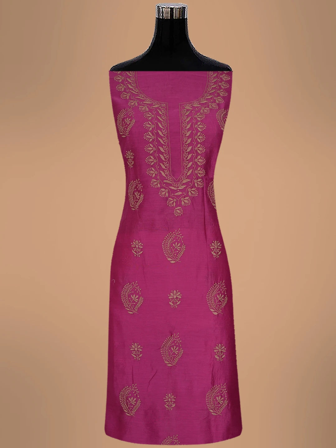 Ada Hand Embroidered Magenta Chanderi Lucknowi Chikankari Unstitched Kurta Dupatta Set 01A702263