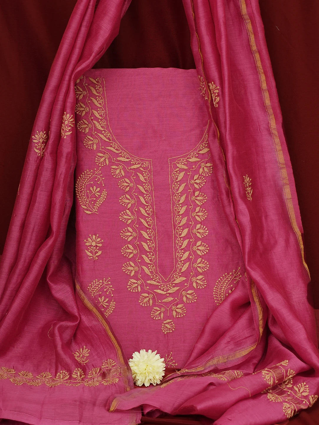 Ada Hand Embroidered Magenta Chanderi Lucknowi Chikankari Unstitched Kurta Dupatta Set 01A702263