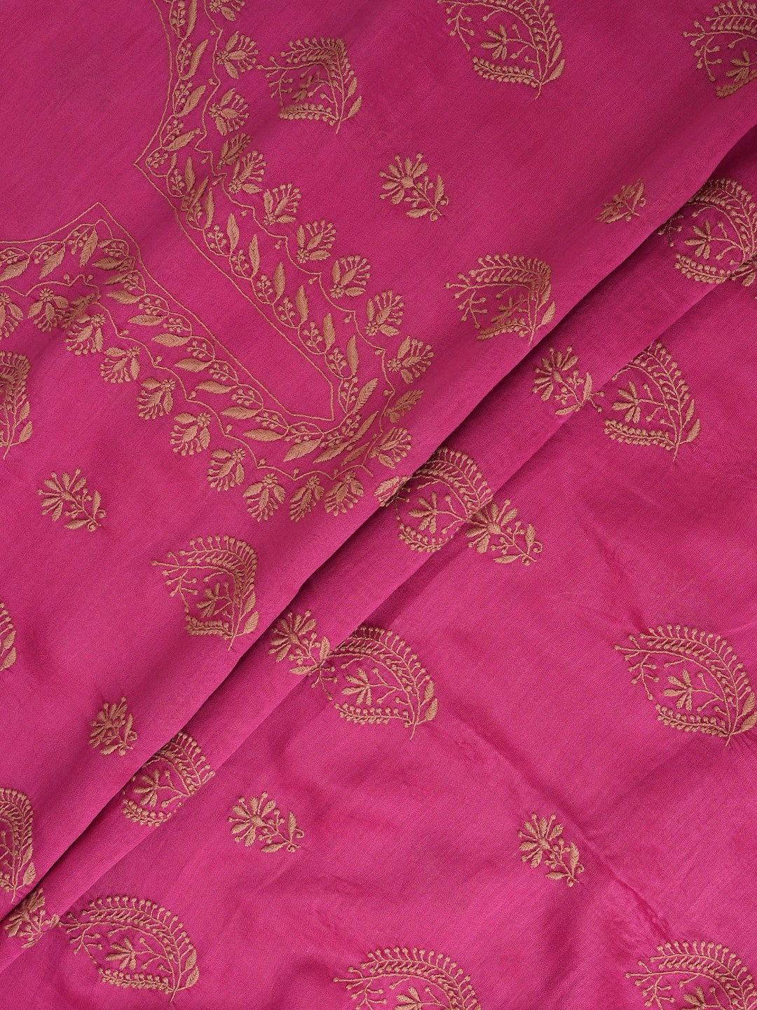 Ada Hand Embroidered Magenta Chanderi Lucknowi Chikankari Unstitched Kurta Dupatta Set 01A702263