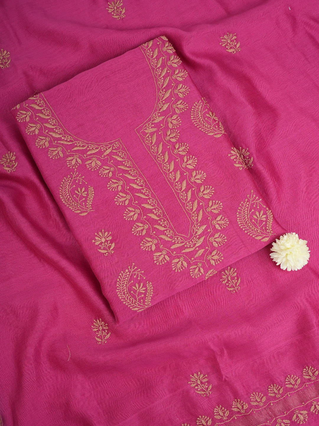 Ada Hand Embroidered Magenta Chanderi Lucknowi Chikankari Unstitched Kurta Dupatta Set 01A702263