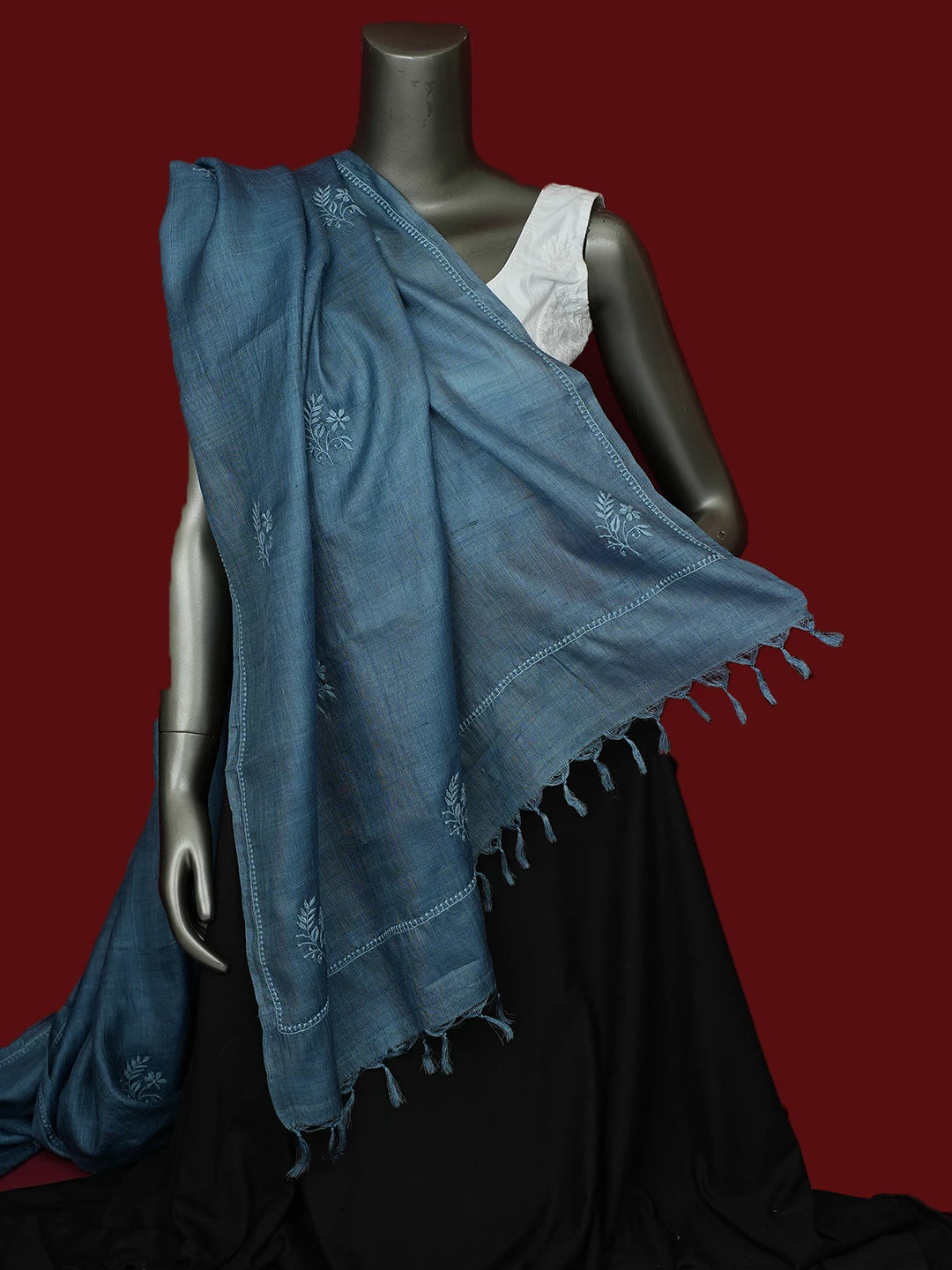 Ada Hand Embroidered Blue Tussar Silk Lucknowi Chikankari Dupatta 01A292056