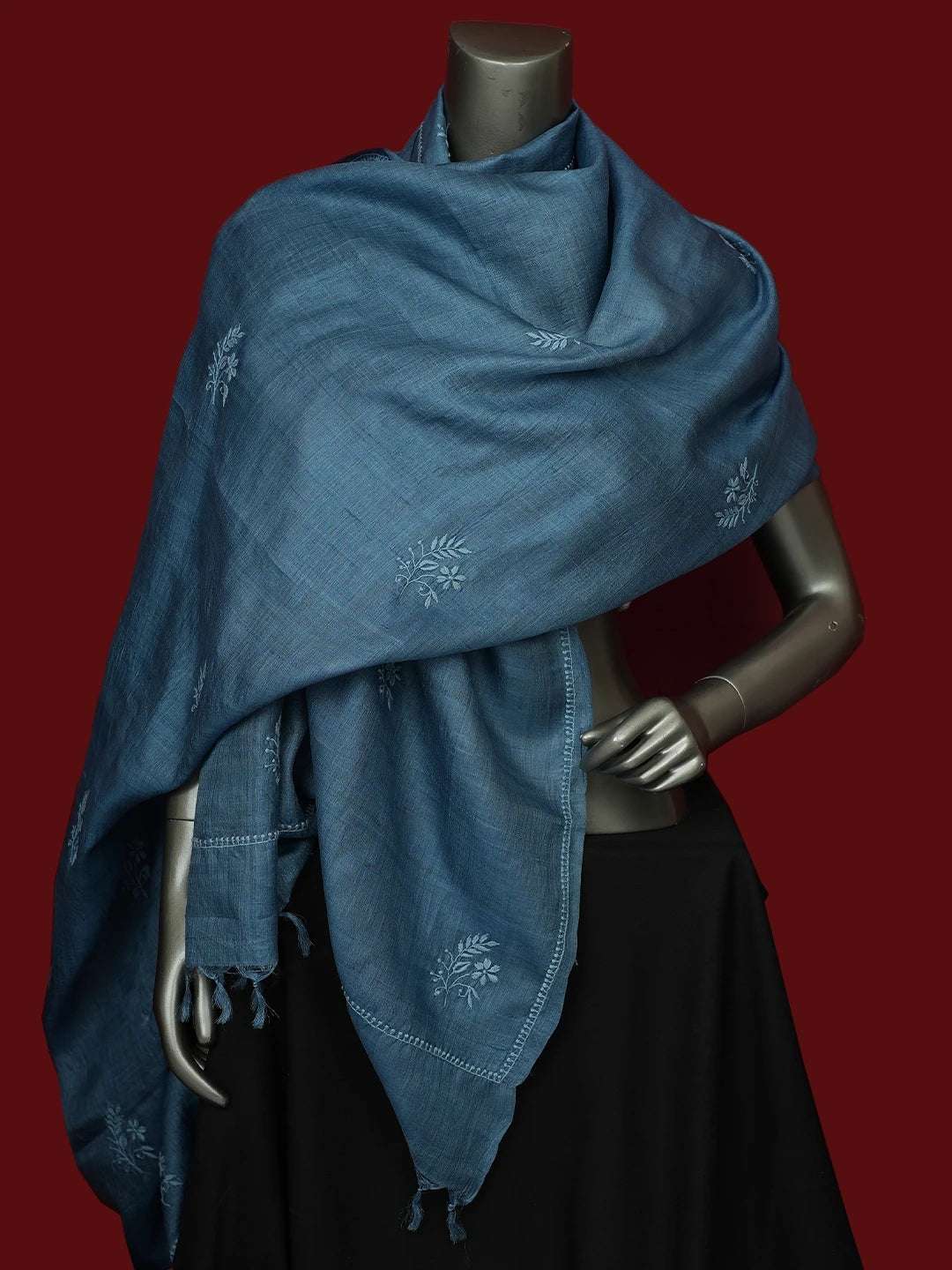 Ada Hand Embroidered Blue Tussar Silk Lucknowi Chikankari Dupatta 01A292056