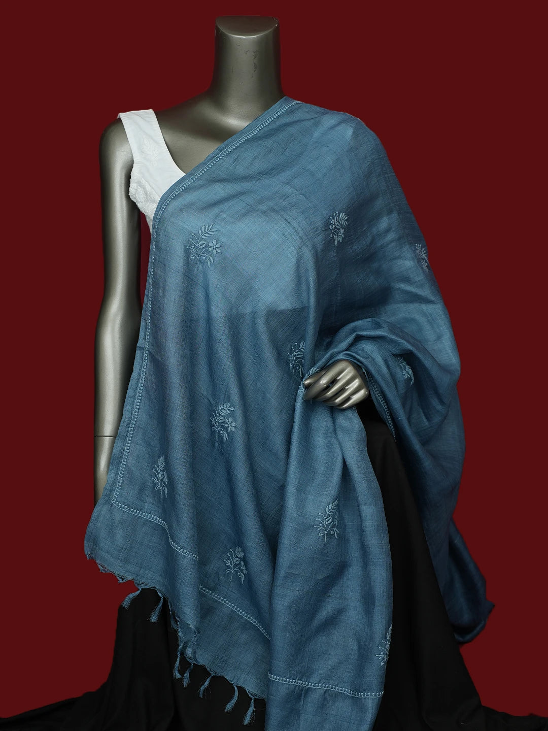 Ada Hand Embroidered Blue Tussar Silk Lucknowi Chikankari Dupatta 01A292056