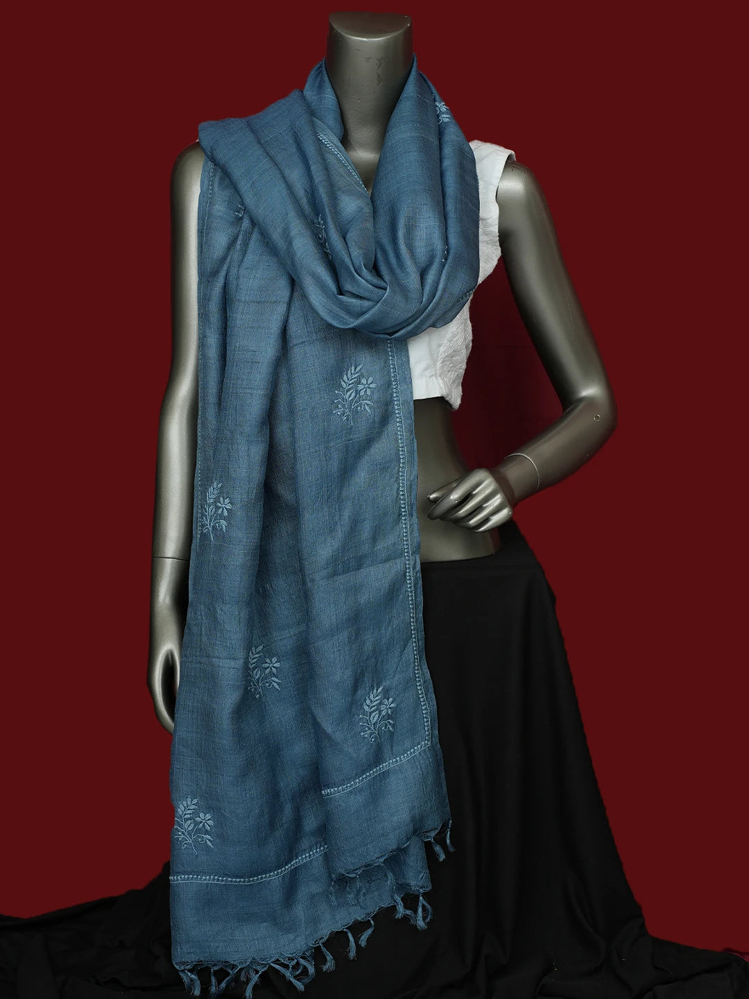 Ada Hand Embroidered Blue Tussar Silk Lucknowi Chikankari Dupatta 01A292056