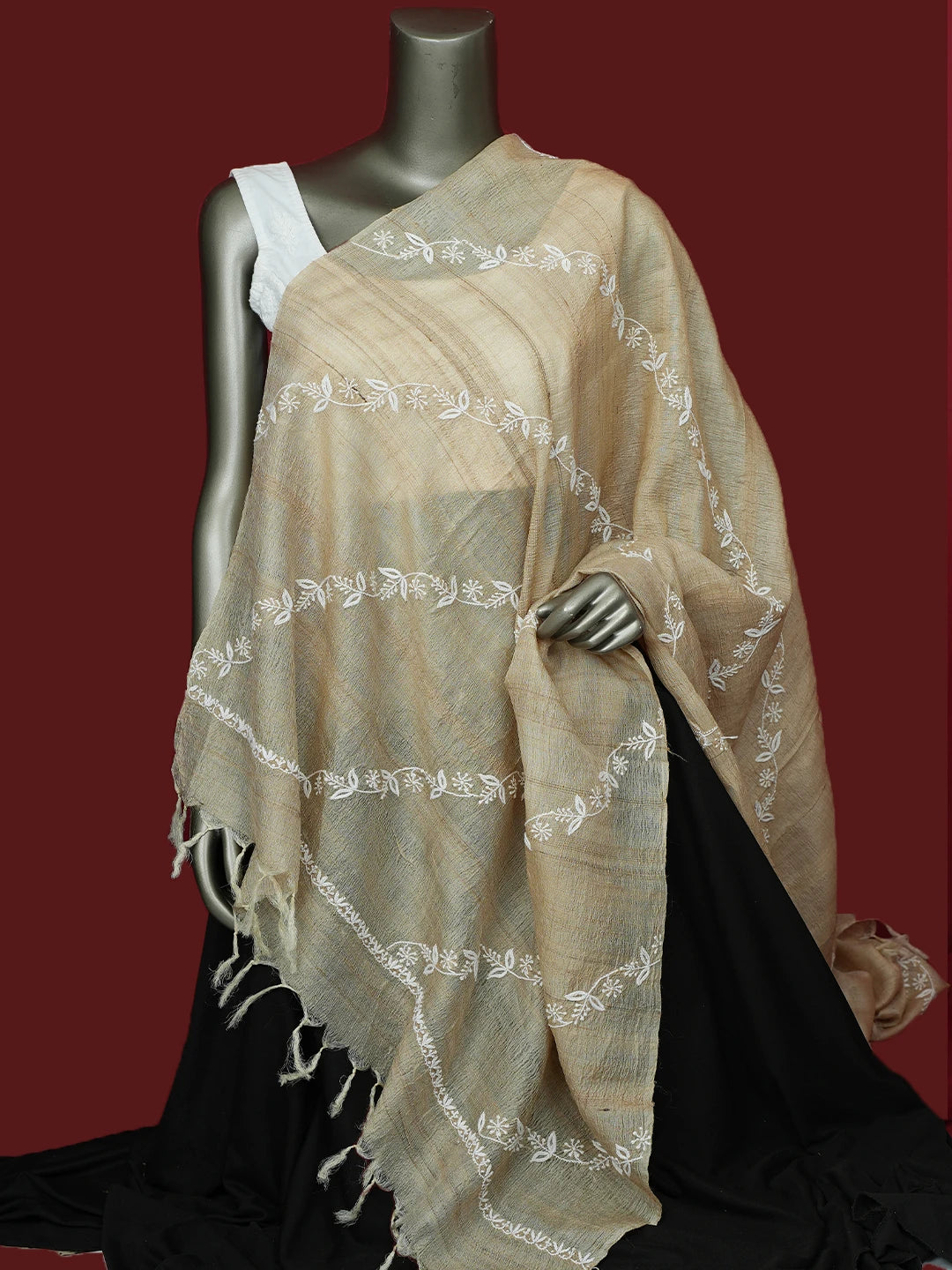 Ada Hand Embroidered Fawn Tussar Silk Lucknowi Chikankari Dupatta 01A641032