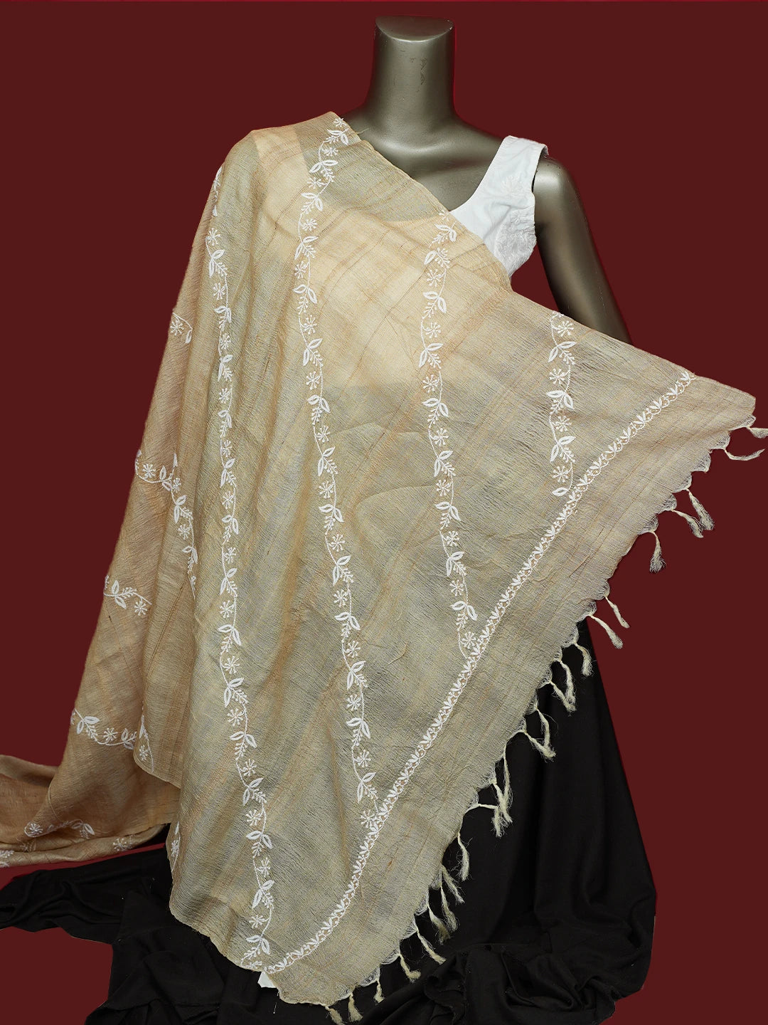 Ada Hand Embroidered Fawn Tussar Silk Lucknowi Chikankari Dupatta 01A641032