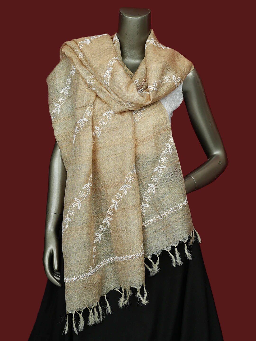 Ada Hand Embroidered Fawn Tussar Silk Lucknowi Chikankari Dupatta 01A641032