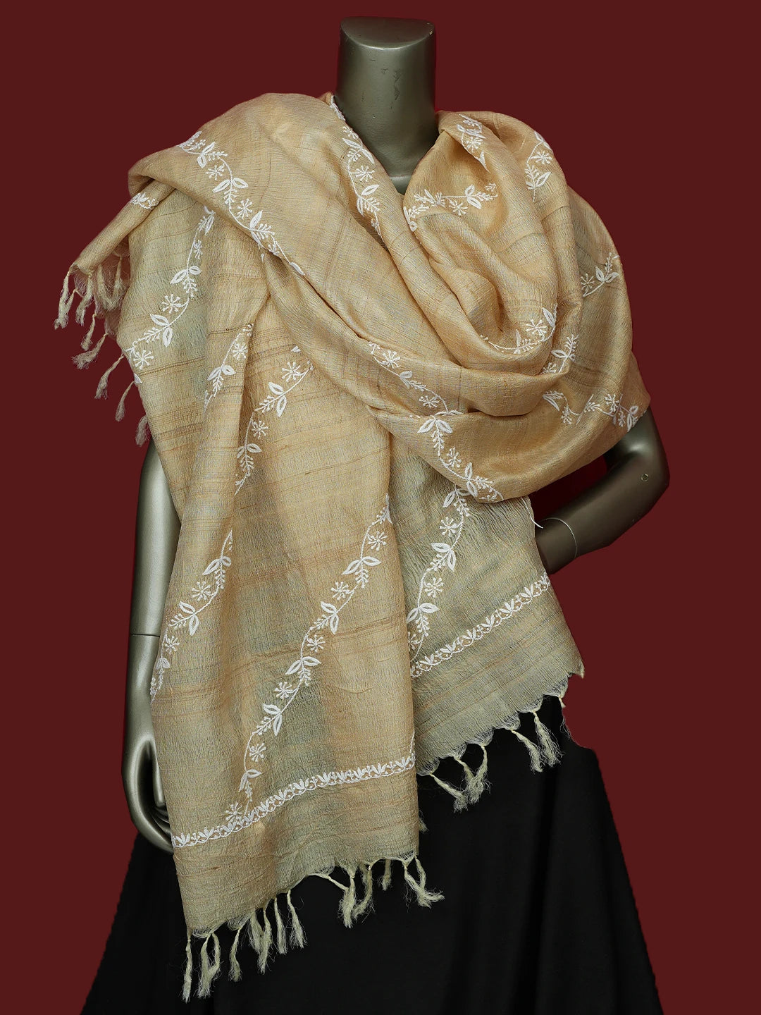 Ada Hand Embroidered Fawn Tussar Silk Lucknowi Chikankari Dupatta 01A641032
