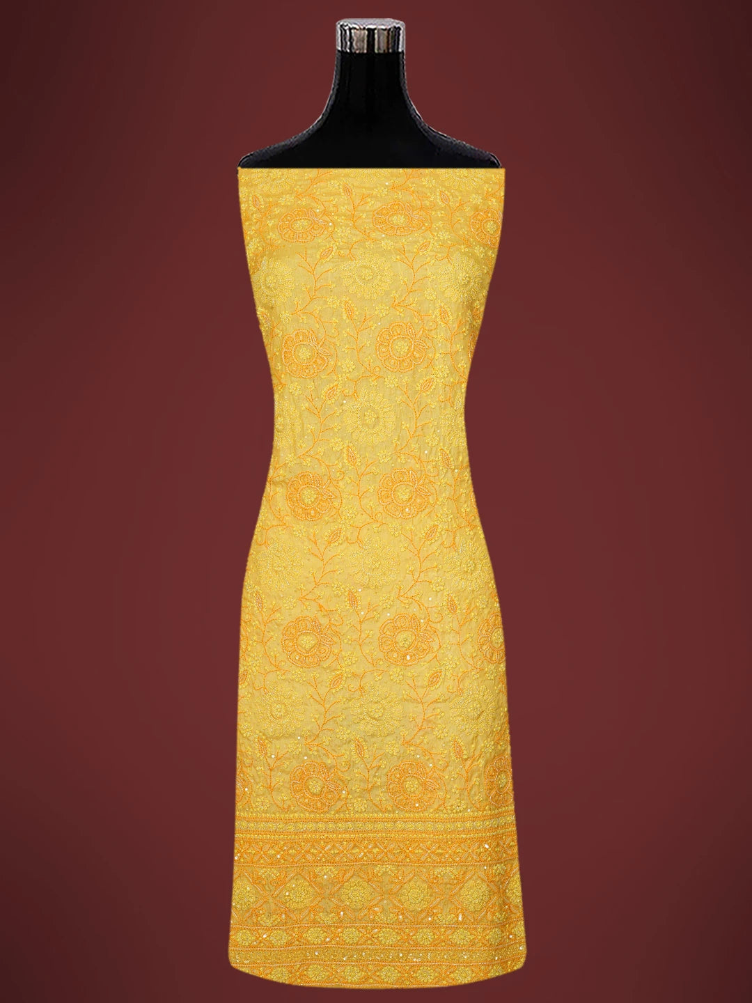Ada Hand Embroidered Saffron Yellow Tussar Silk Lucknowi Chikankari Unstitched Suit Piece With Cutdana Work 01A616234