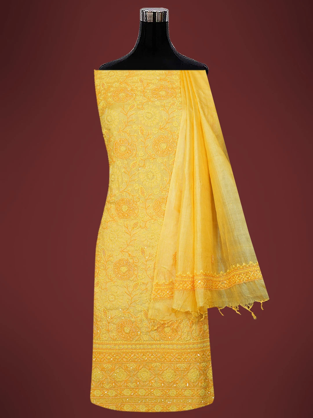 Ada Hand Embroidered Saffron Yellow Tussar Silk Lucknowi Chikankari Unstitched Suit Piece With Cutdana Work 01A616234