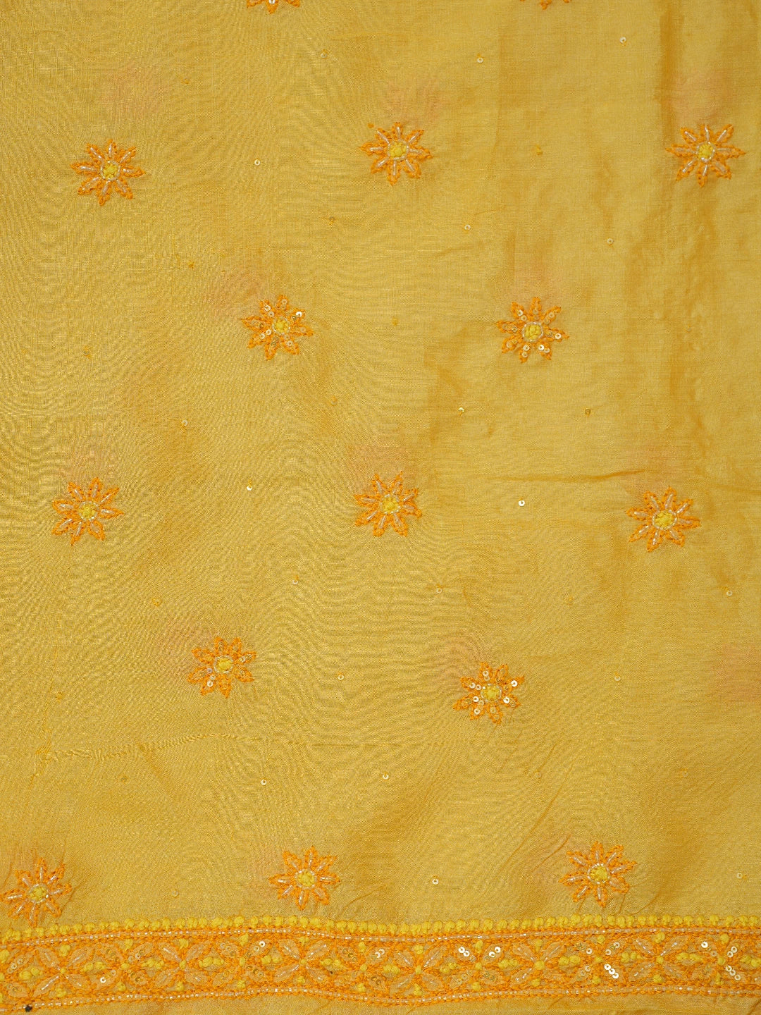 Ada Hand Embroidered Saffron Yellow Tussar Silk Lucknowi Chikankari Unstitched Suit Piece With Cutdana Work 01A616234