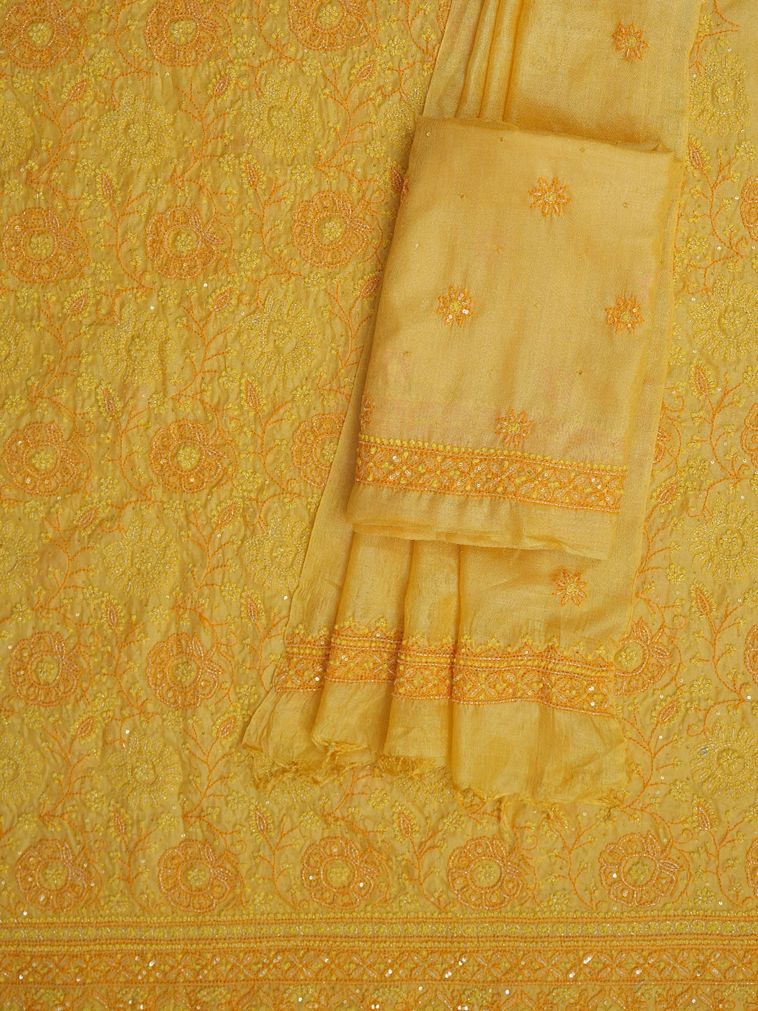 Ada Hand Embroidered Saffron Yellow Tussar Silk Lucknowi Chikankari Unstitched Suit Piece With Cutdana Work 01A616234