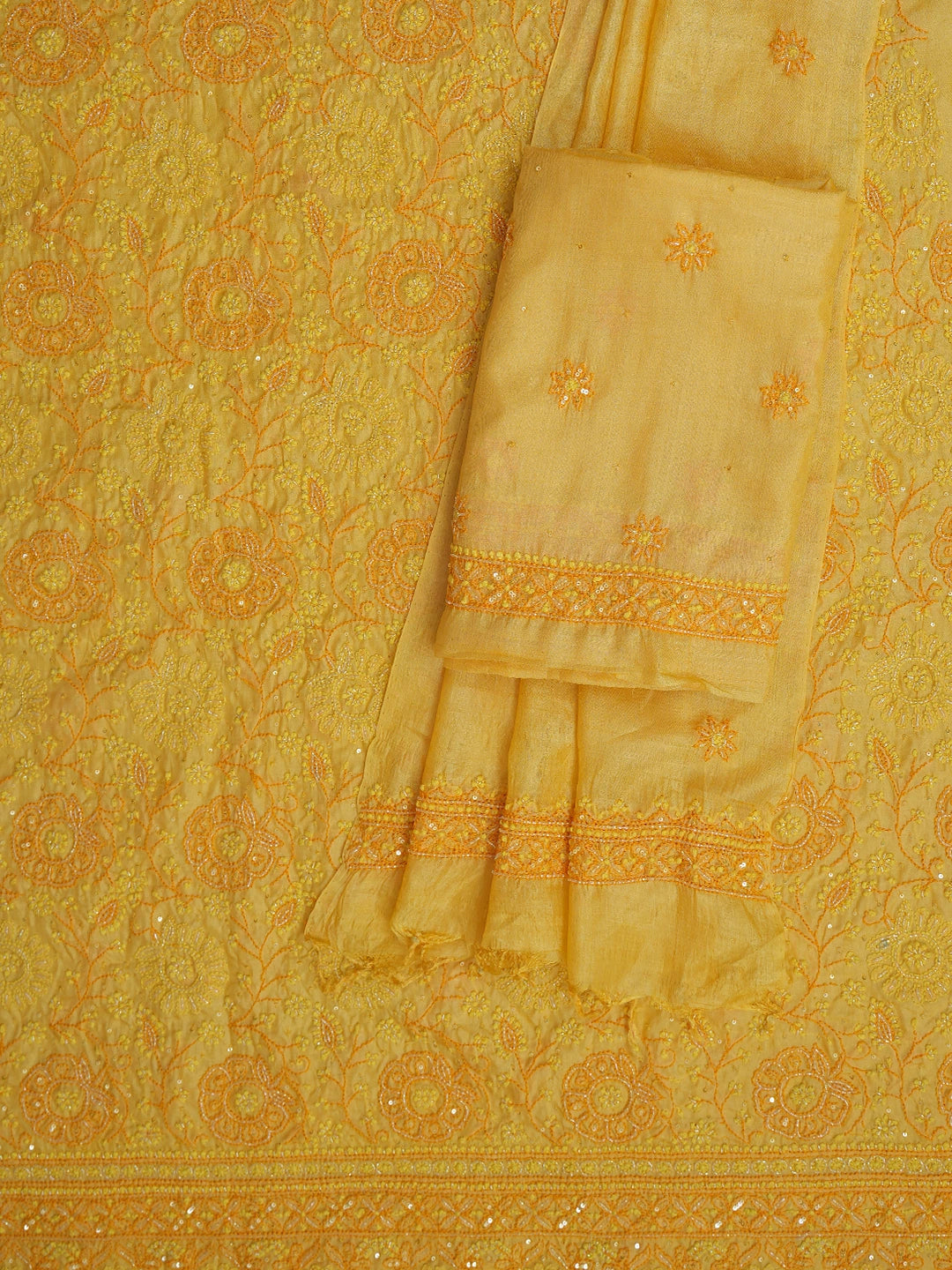 Ada Hand Embroidered Saffron Yellow Tussar Silk Lucknowi Chikankari Unstitched Suit Piece With Cutdana Work 01A616234