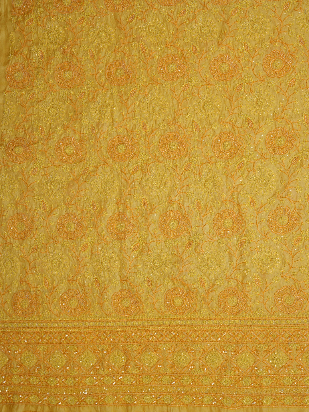 Ada Hand Embroidered Saffron Yellow Tussar Silk Lucknowi Chikankari Unstitched Suit Piece With Cutdana Work 01A616234