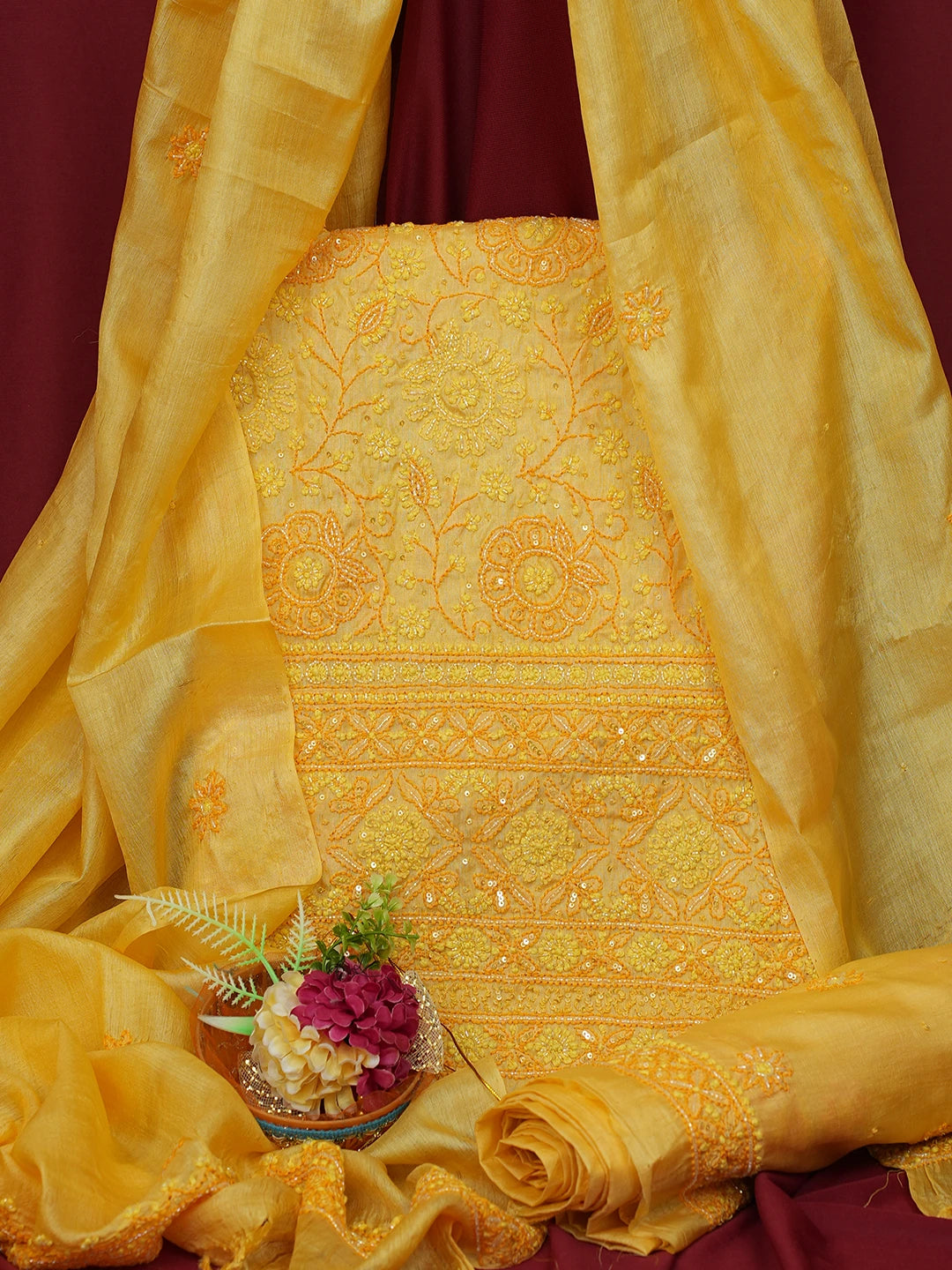 Ada Hand Embroidered Saffron Yellow Tussar Silk Lucknowi Chikankari Unstitched Suit Piece With Cutdana Work 01A616234