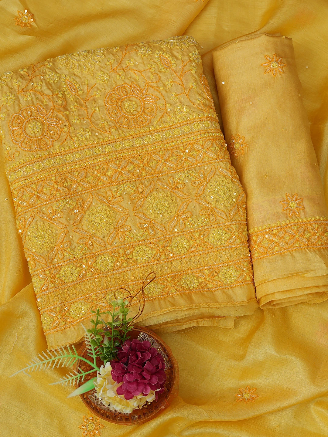 Ada Hand Embroidered Saffron Yellow Tussar Silk Lucknowi Chikankari Unstitched Suit Piece With Cutdana Work 01A616234