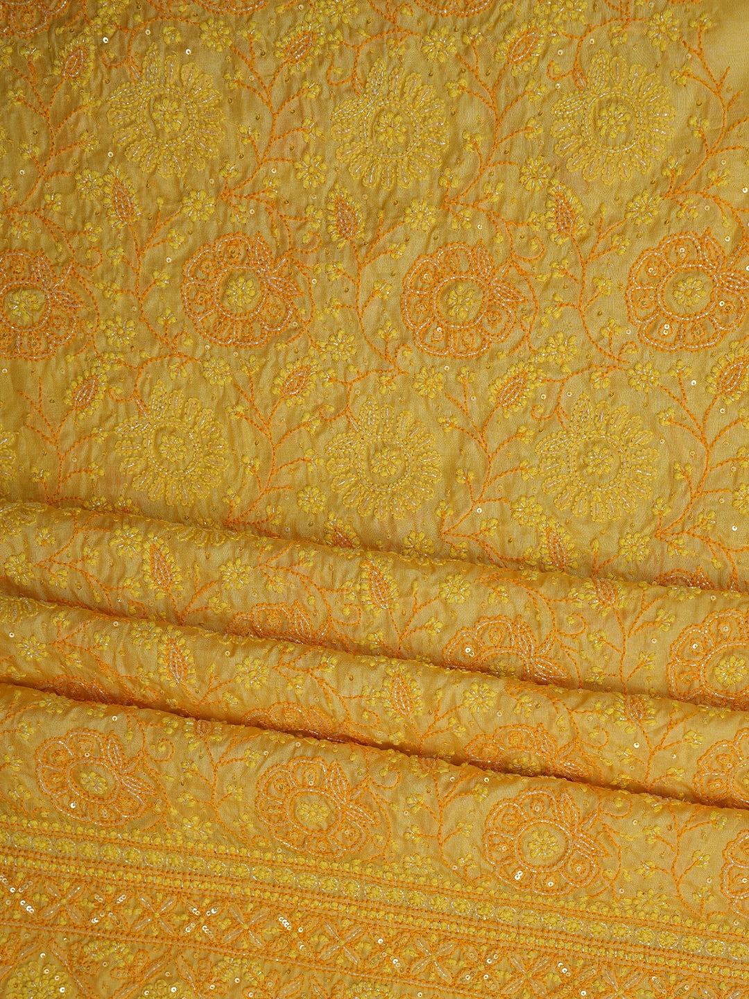 Ada Hand Embroidered Saffron Yellow Tussar Silk Lucknowi Chikankari Unstitched Suit Piece With Cutdana Work 01A616234