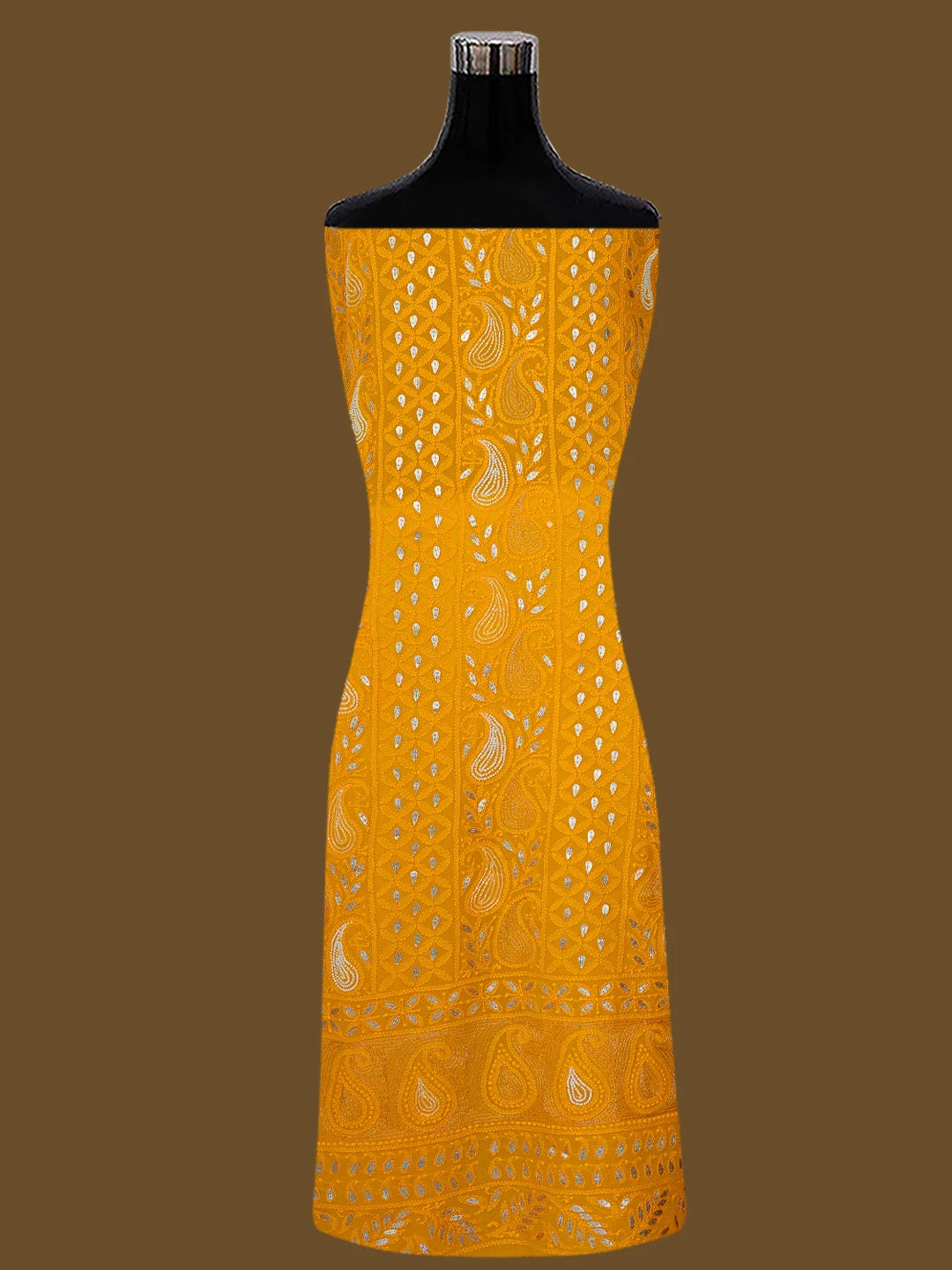 Ada Hand Embroidered Mustard Viscose Georgette Lucknowi Chikankari Unstitched Kurta Dupatta Set with Gota Patti Work 01A639581