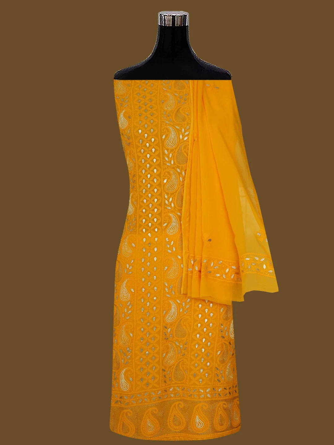 Ada Hand Embroidered Mustard Viscose Georgette Lucknowi Chikankari Unstitched Kurta Dupatta Set with Gota Patti Work 01A639581