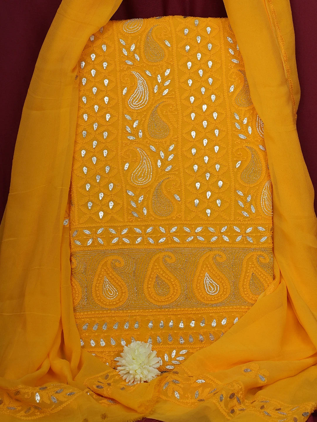 Ada Hand Embroidered Mustard Viscose Georgette Lucknowi Chikankari Unstitched Kurta Dupatta Set with Gota Patti Work 01A639581