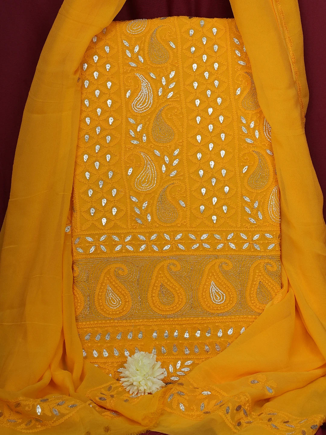 Ada Hand Embroidered Mustard Viscose Georgette Lucknowi Chikankari Unstitched Kurta Dupatta Set with Gota Patti Work 01A639581