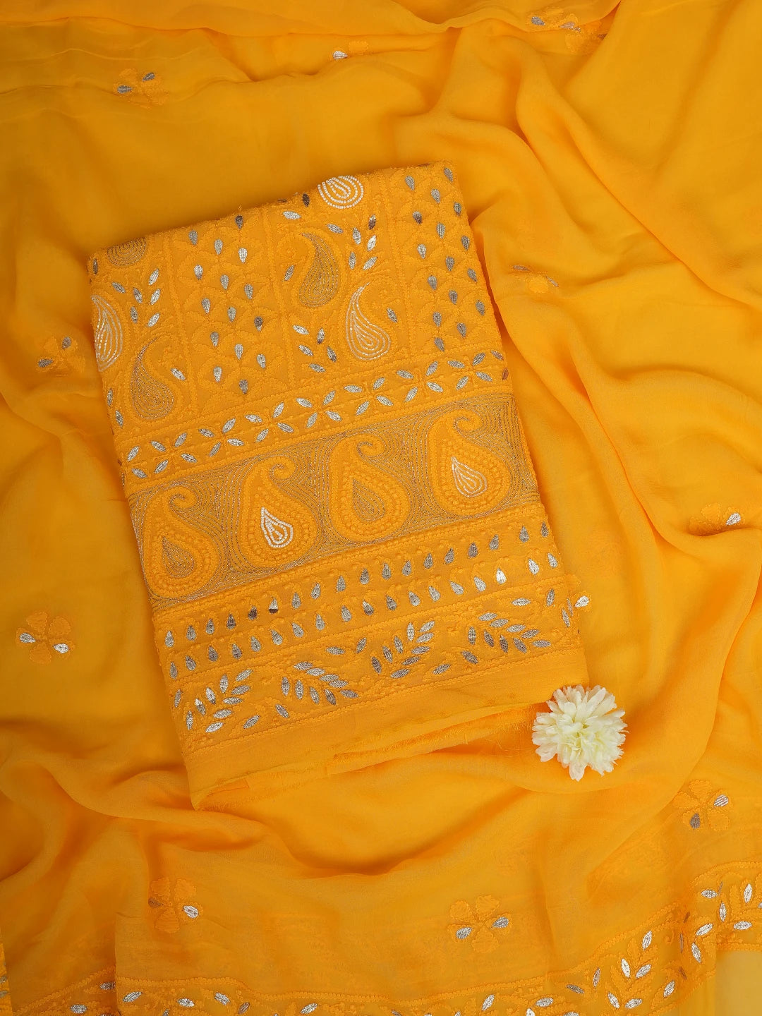 Ada Hand Embroidered Mustard Viscose Georgette Lucknowi Chikankari Unstitched Kurta Dupatta Set with Gota Patti Work 01A639581