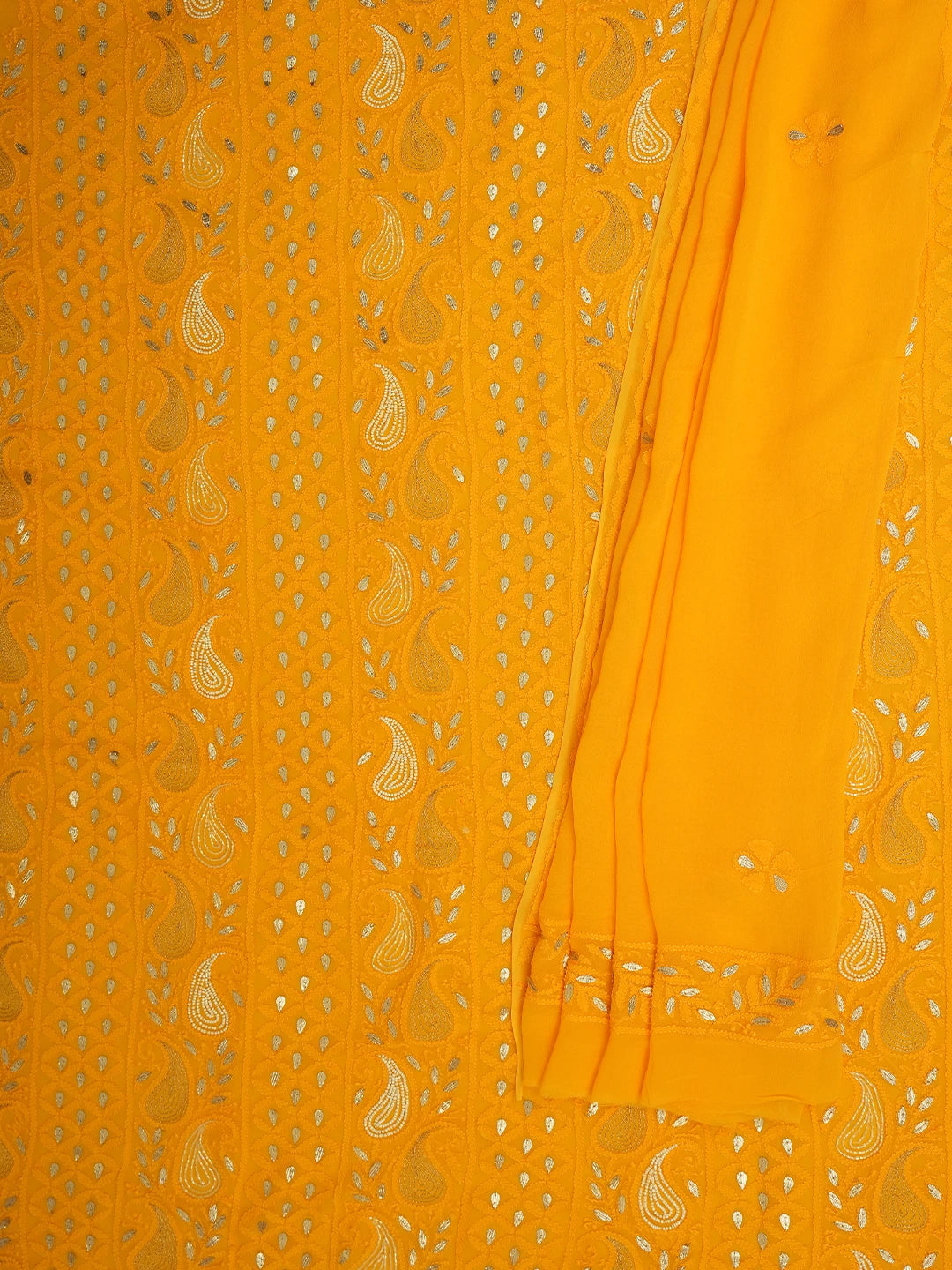 Ada Hand Embroidered Mustard Viscose Georgette Lucknowi Chikankari Unstitched Kurta Dupatta Set with Gota Patti Work 01A639581