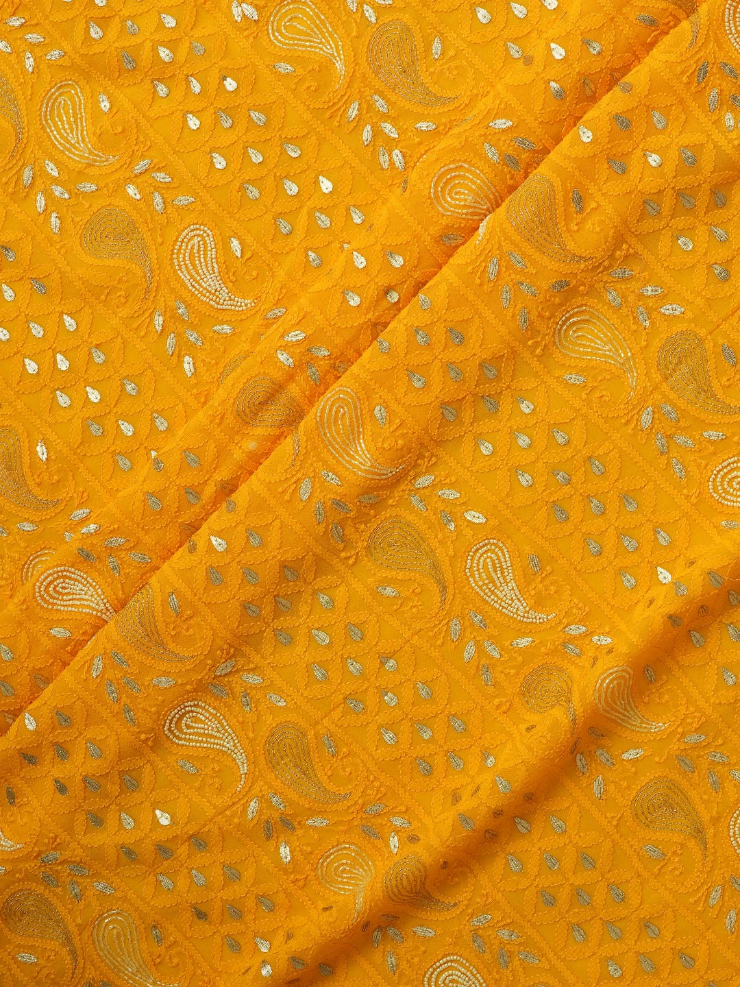 Ada Hand Embroidered Mustard Viscose Georgette Lucknowi Chikankari Unstitched Kurta Dupatta Set with Gota Patti Work 01A639581