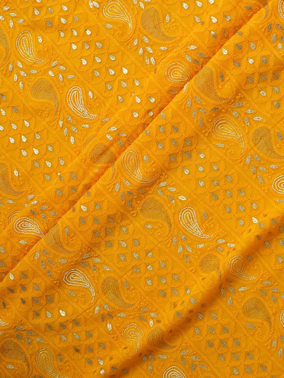 Ada Hand Embroidered Mustard Viscose Georgette Lucknowi Chikankari Unstitched Kurta Dupatta Set with Gota Patti Work 01A639581