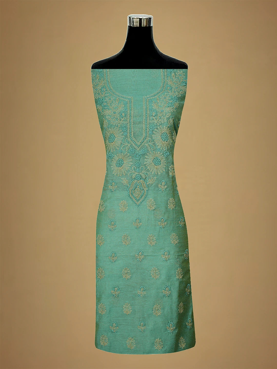 Ada Hand Embroidered Teal Green Chanderi Lucknowi Chikankari Unstitched Kurta Dupatta Set 01A710326