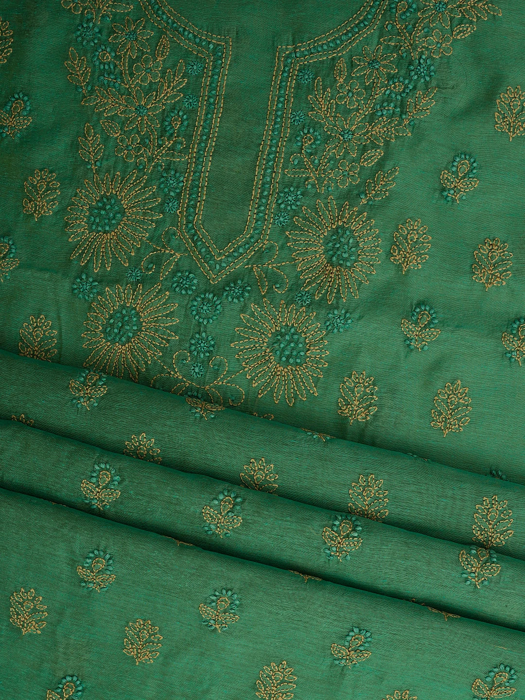 Ada Hand Embroidered Teal Green Chanderi Lucknowi Chikankari Unstitched Kurta Dupatta Set 01A710326