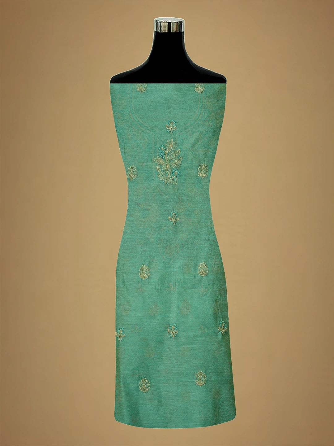 Ada Hand Embroidered Teal Green Chanderi Lucknowi Chikankari Unstitched Kurta Dupatta Set 01A710326