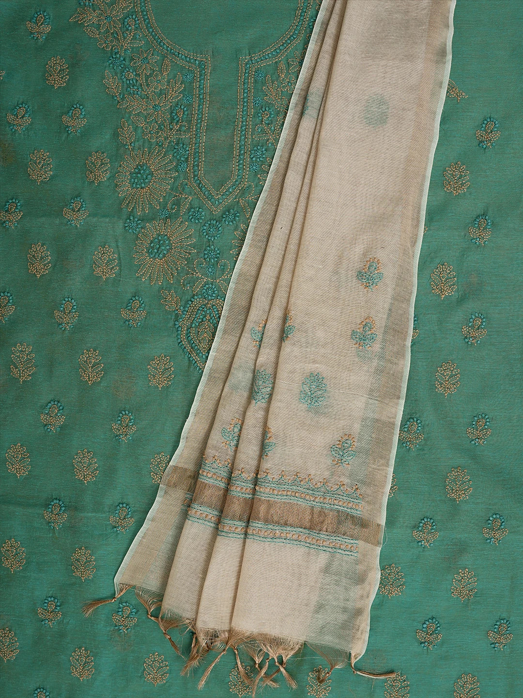 Ada Hand Embroidered Teal Green Chanderi Lucknowi Chikankari Unstitched Kurta Dupatta Set 01A710326