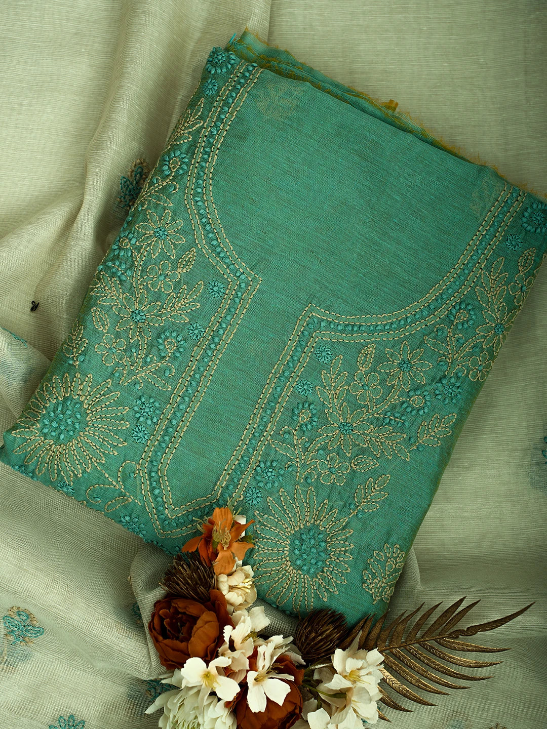 Ada Hand Embroidered Teal Green Chanderi Lucknowi Chikankari Unstitched Kurta Dupatta Set 01A710326