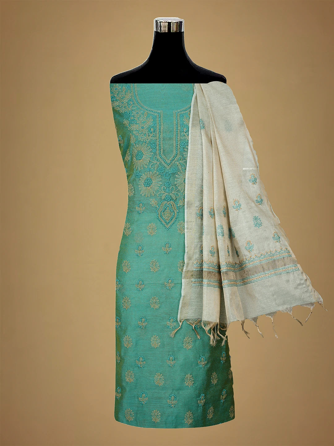 Ada Hand Embroidered Teal Green Chanderi Lucknowi Chikankari Unstitched Kurta Dupatta Set 01A710326