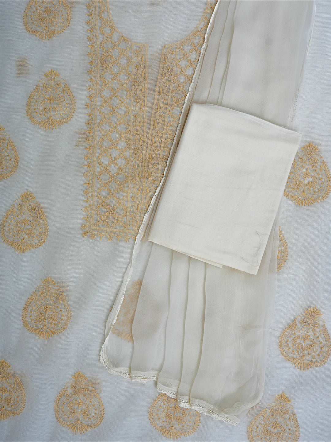 Ada Hand Embroidered White Kota Lucknowi Chikankari Unstitched Suit Piece 01A67183