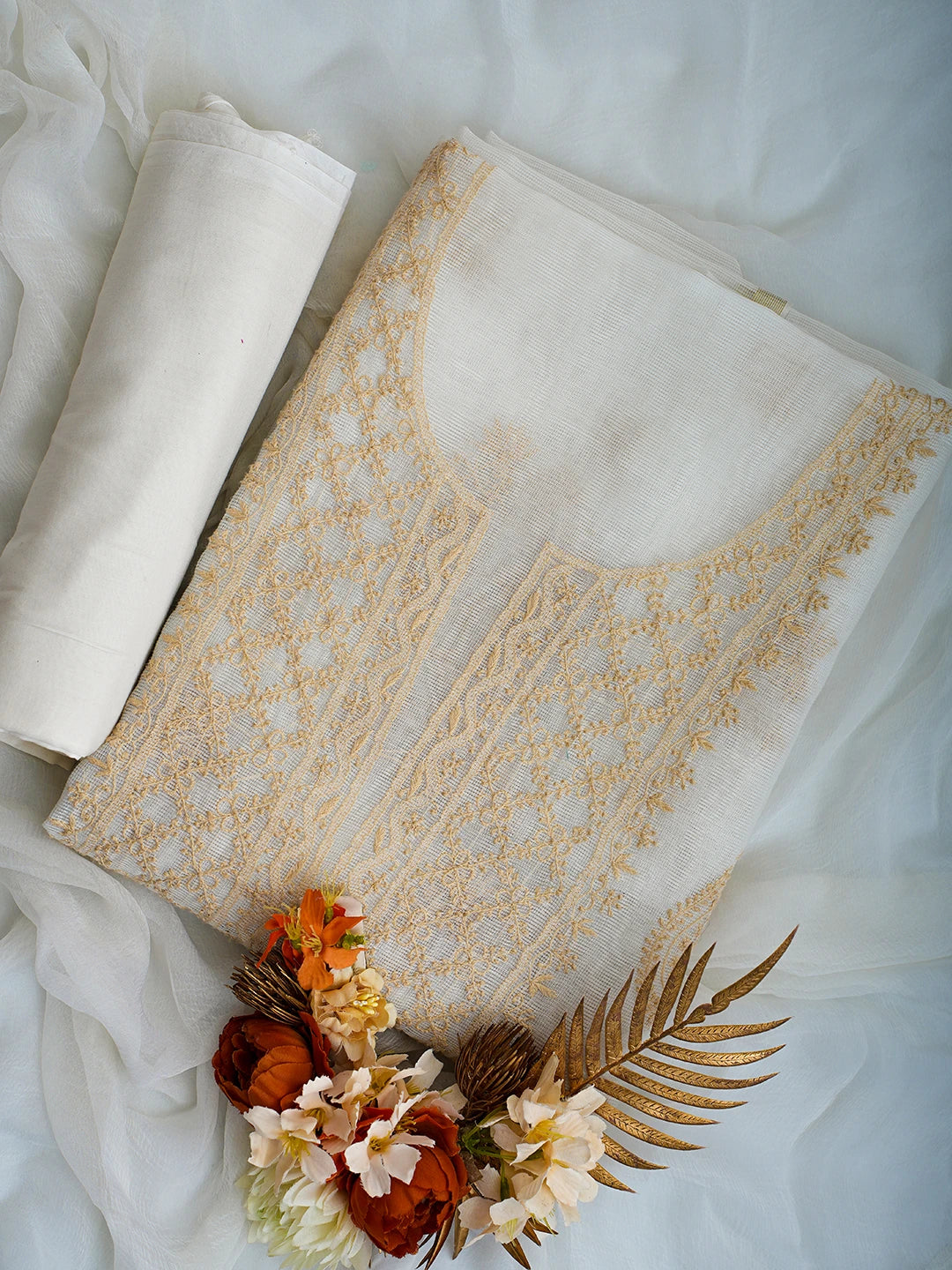 Ada Hand Embroidered White Kota Lucknowi Chikankari Unstitched Suit Piece 01A67183