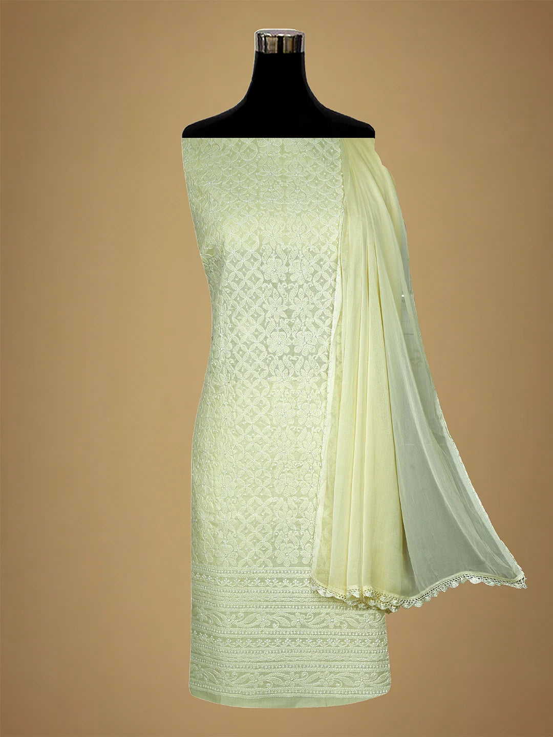 Ada Hand Embroidered Cream Cotton Lucknowi Chikankari Unstitched Suit Piece 01A710377