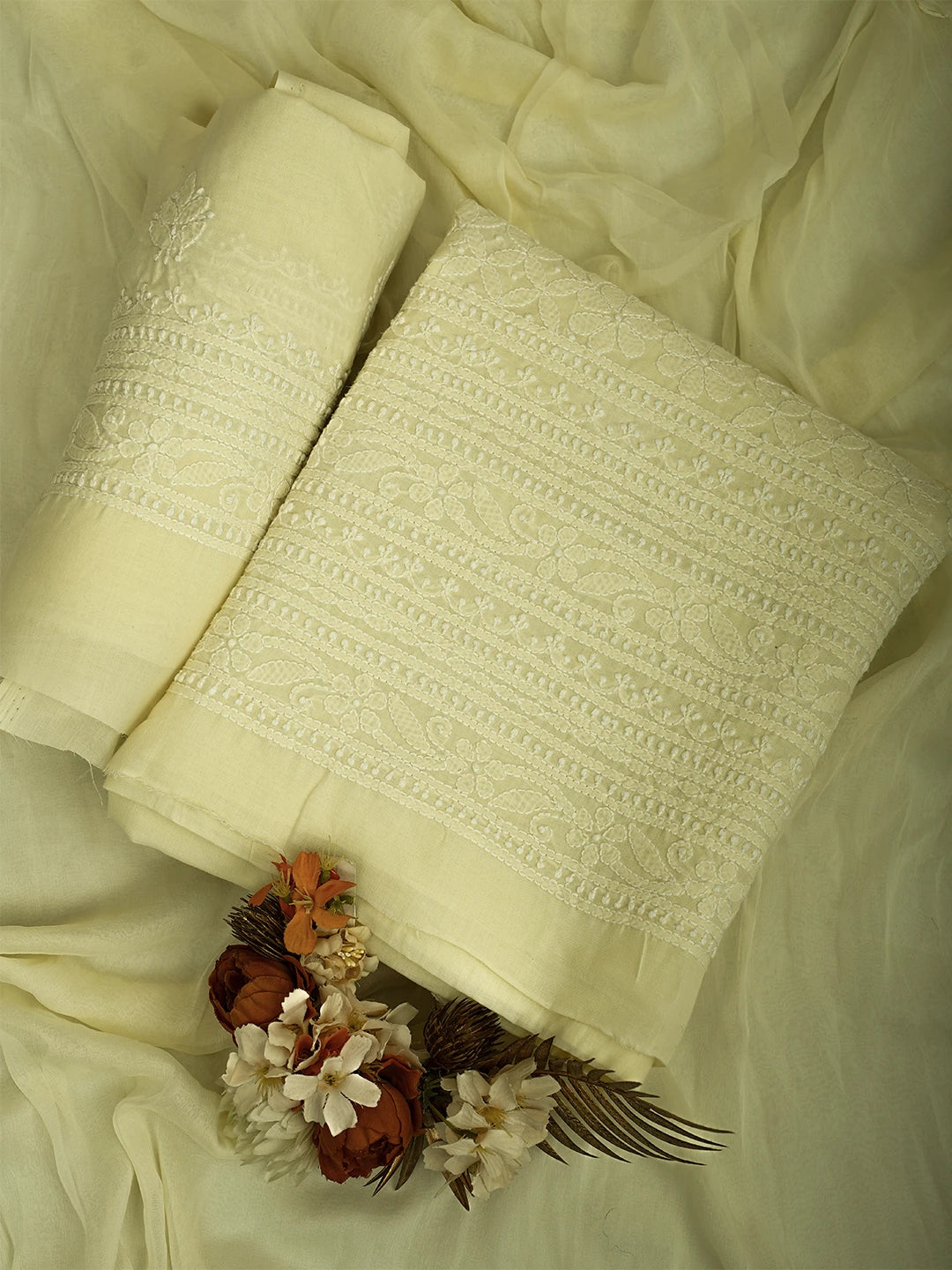 Ada Hand Embroidered Cream Cotton Lucknowi Chikankari Unstitched Suit Piece 01A710377
