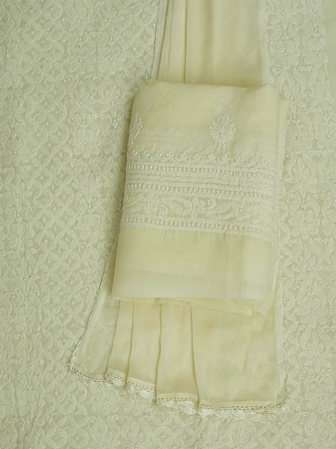 Ada Hand Embroidered Cream Cotton Lucknowi Chikankari Unstitched Suit Piece 01A710377