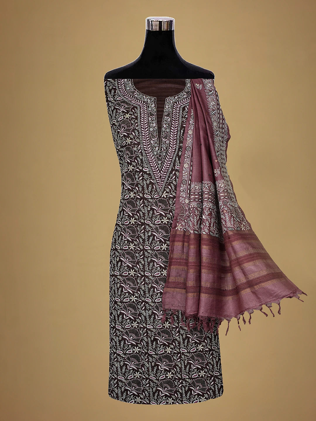 Ada Hand Embroidered Brown Tussar Lucknowi Chikankari Unstitched Suit Piece With Cutdana Work 01A338919
