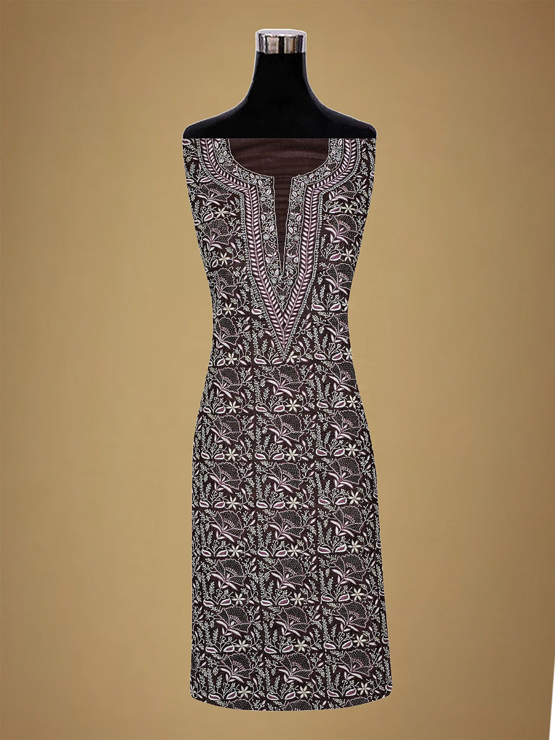 Ada Hand Embroidered Brown Tussar Lucknowi Chikankari Unstitched Suit Piece With Cutdana Work 01A338919