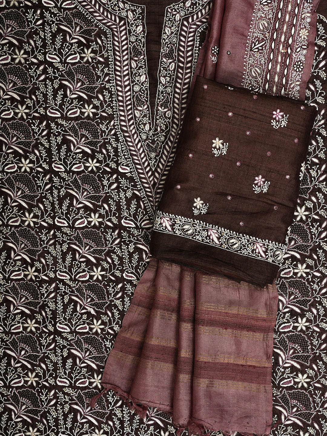 Ada Hand Embroidered Brown Tussar Lucknowi Chikankari Unstitched Suit Piece With Cutdana Work 01A338919