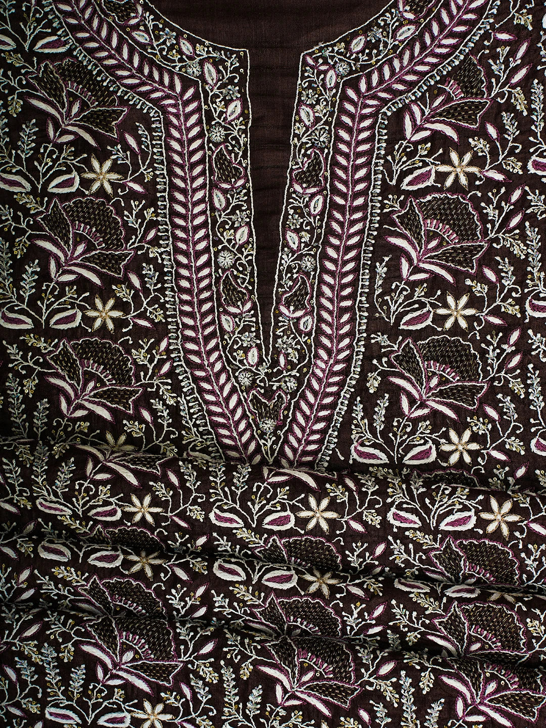 Ada Hand Embroidered Brown Tussar Lucknowi Chikankari Unstitched Suit Piece With Cutdana Work 01A338919