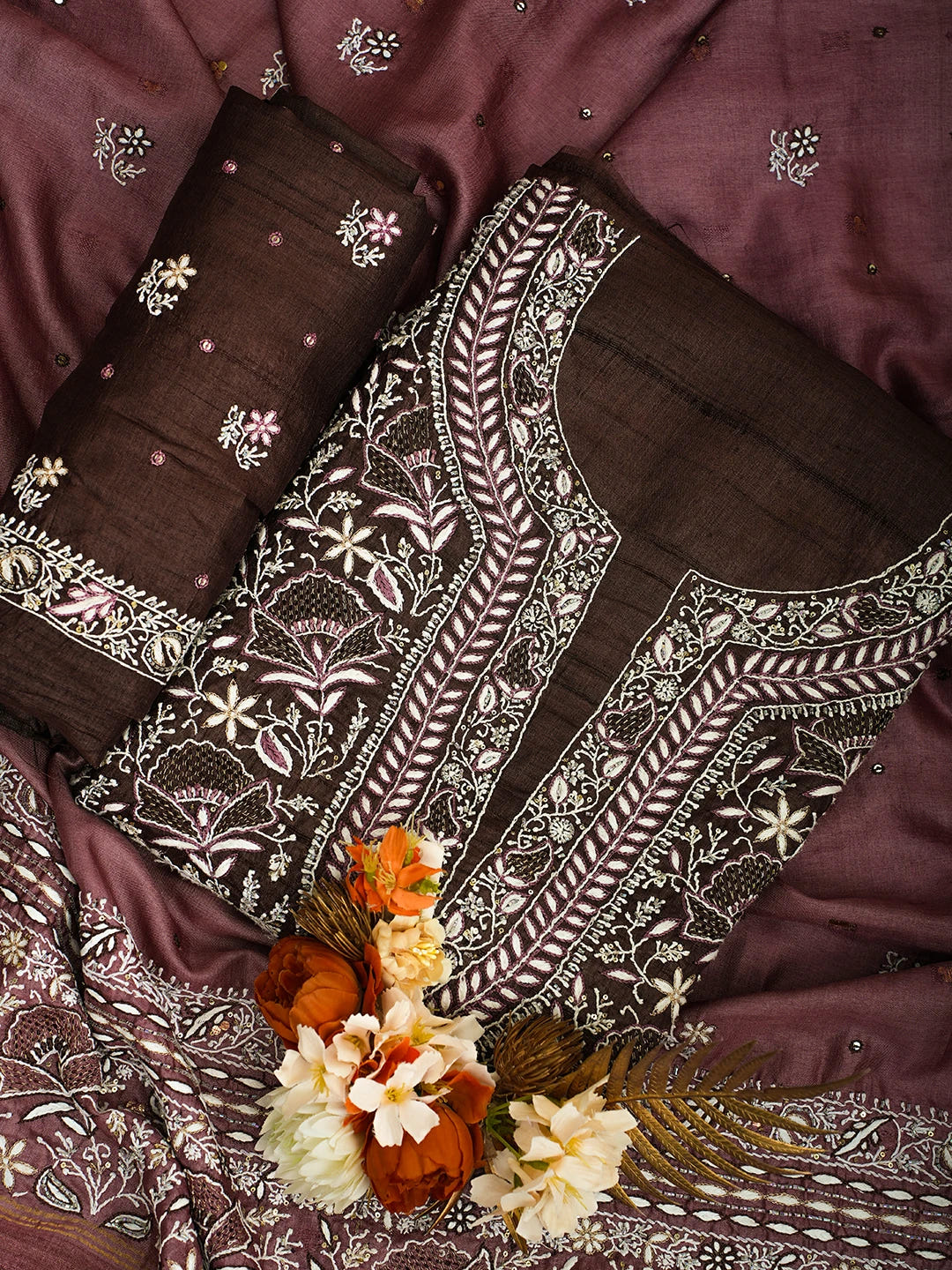 Ada Hand Embroidered Brown Tussar Lucknowi Chikankari Unstitched Suit Piece With Cutdana Work 01A338919